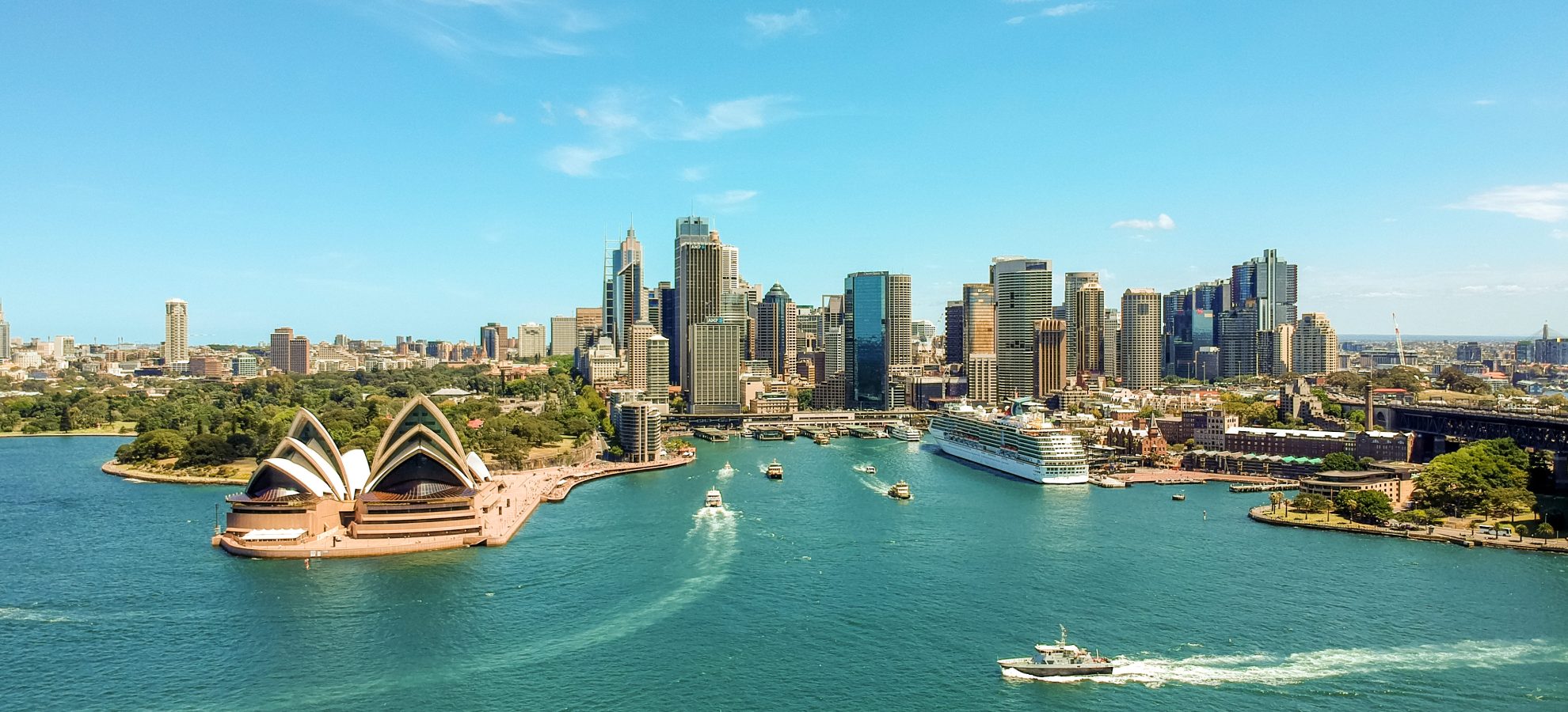Sydney Harbour met de Opera, een cruiseschip en vele wolkenkrabbers