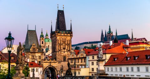 Charles bridge and Castle of Prague in the morning. Czech Republic