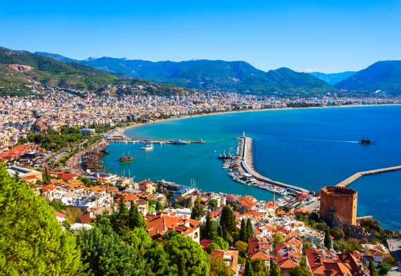 Kizil Kule or Red Tower and port aerial panoramic view in Alanya city, Antalya Province