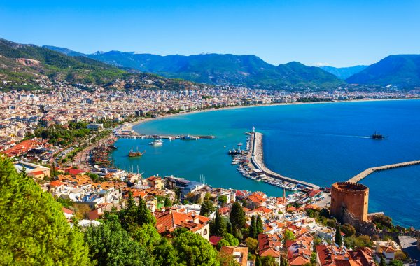 Kizil Kule or Red Tower and port aerial panoramic view in Alanya city, Antalya Province