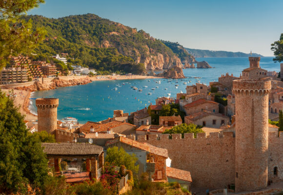Aerial view of Fortress Vila Vella and Badia de Tossa bay at summer in Tossa de Mar on Costa Brava, Catalunya, Spain
