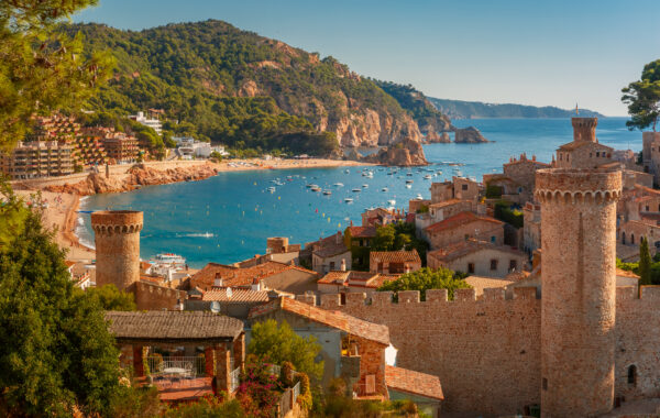 Aerial view of Fortress Vila Vella and Badia de Tossa bay at summer in Tossa de Mar on Costa Brava, Catalunya, Spain