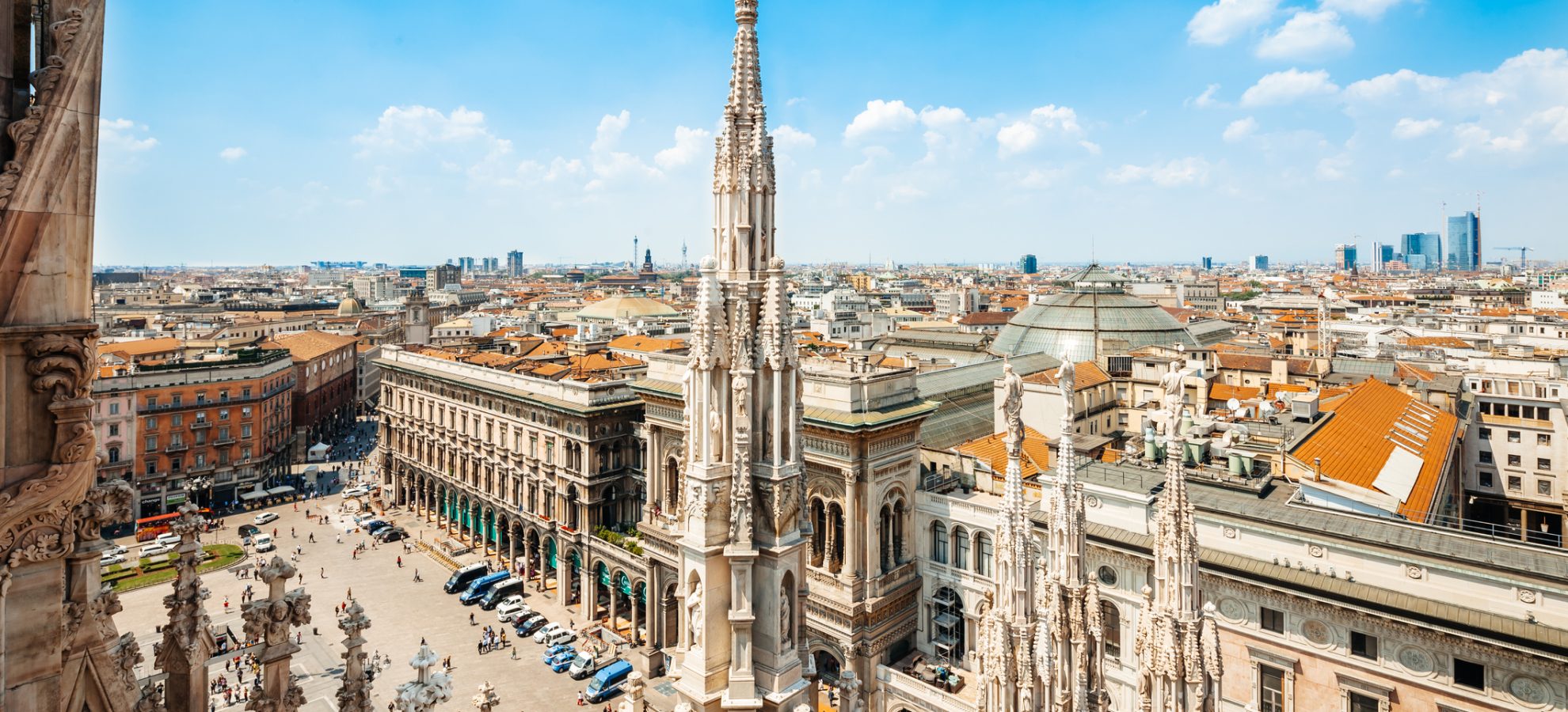 Aerial view of the Piazza del Duomo with Galleria Vittorio Emanuele II in Milan, Italy