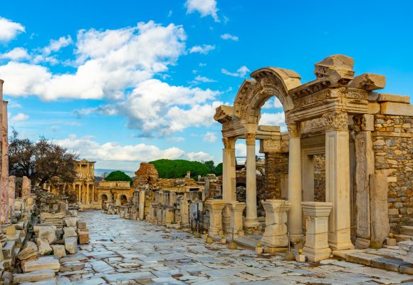 Remains of antique temple dedicated to Emperor Hadrian in Ephesus, Izmir province, Turkey