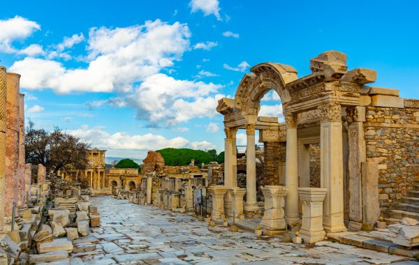 Remains of antique temple dedicated to Emperor Hadrian in Ephesus, Izmir province, Turkey