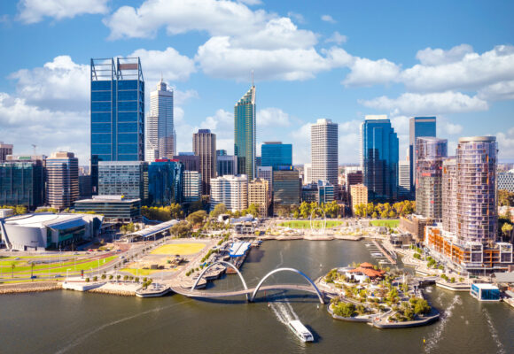 Aerial view of perth city and harbour from drone with blue sky