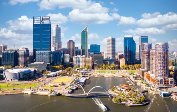 Aerial view of perth city and harbour from drone with blue sky