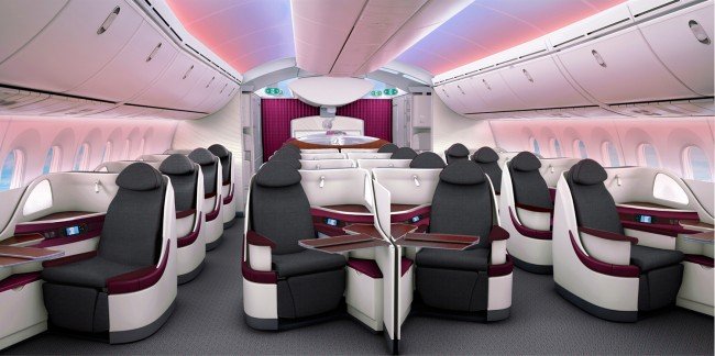 Så här ser businessklasskabin ut på Qatars nya Boeing 787. 