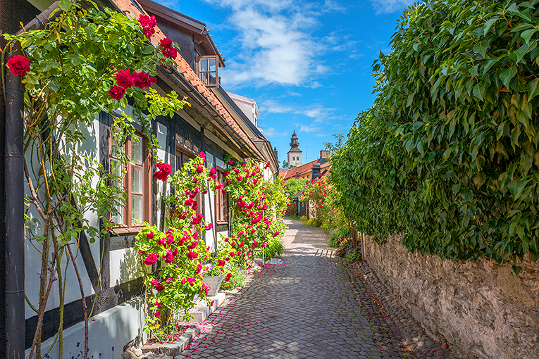 Bild från en smal gata i Visby, Gotland