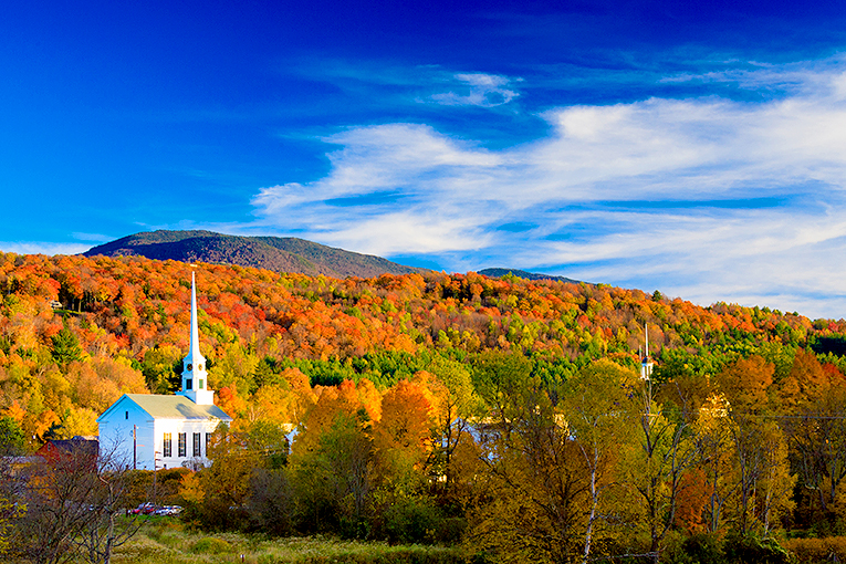 Bild på skog i New England, USA, där träden är vackert höstfärgade